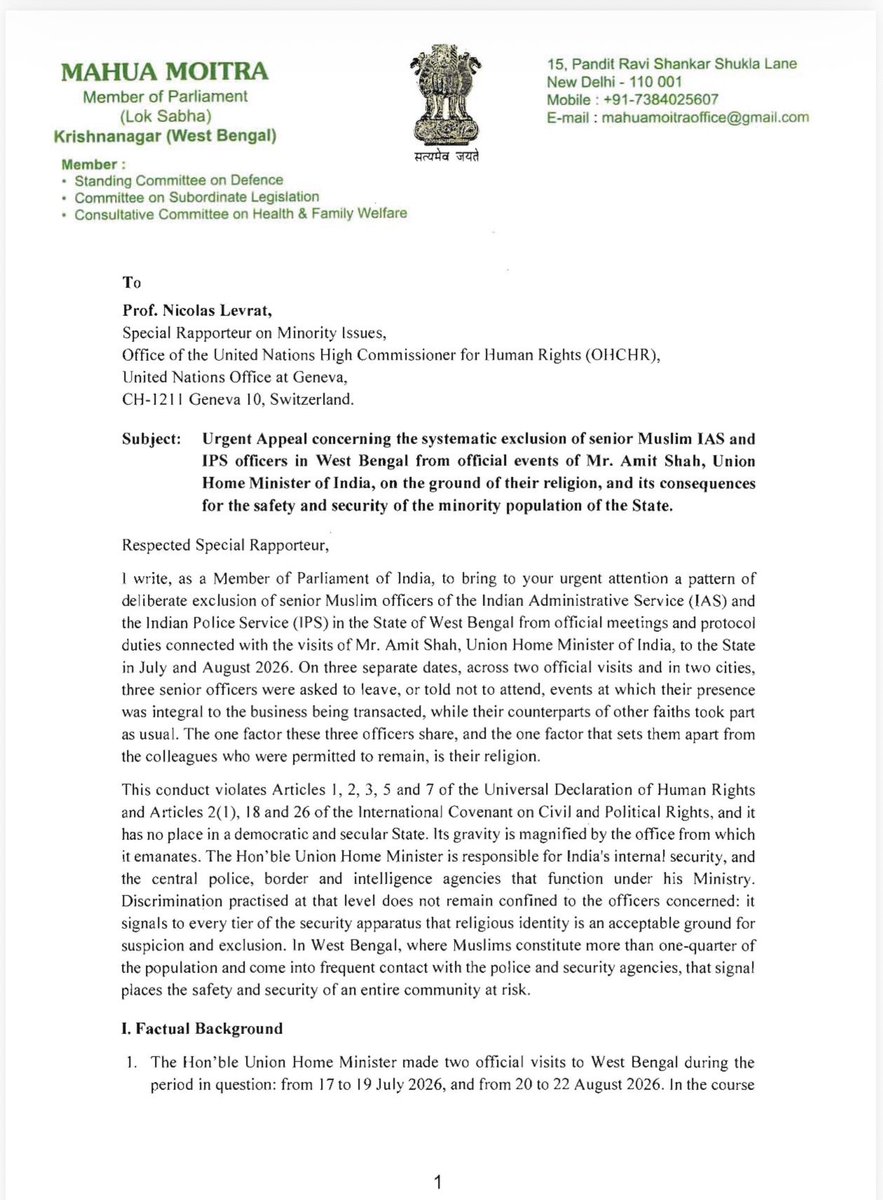 MahuaMoitra's tweet photo. India signatory to UN’s Universal Declaration of Human Rights 1948 &amp; International Covenant on Civil and Political Rights. Have sent urgent appeal to UN Special Rapporteur to look into religious discrimination against IPS &amp; IAS officers by WB &amp; Union govt. (1/4) https://t.co/vdW4tiu5Kj