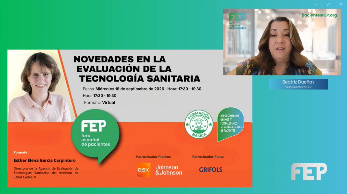 fep_pacientes's tweet photo. 📢 Ya disponible el vídeo completo de nuestra formación sobre Evaluación de Tecnologías Sanitarias (ETS).

🔹 Qué es la ETS
🔹 Cómo se evalúan las tecnologías sanitarias
🔹 Novedades normativas
🔹 Participación de los pacientes

▶️ https://t.co/Z61WBrPqXf

#FormaciónFEP #ETS https://t.co/W2kjjy9j1g