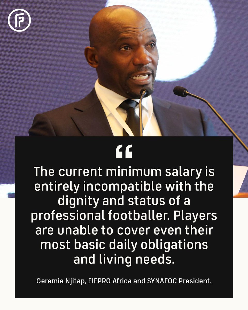 FIFPRO's tweet photo. 🇨🇲 Cameroon’s player union @InfoSYNAFOC has called for urgent talks with the country’s football federation over minimum salaries that it says would leave professional footballers struggling to meet their basic living costs.

President Geremie Njitap explains why change is needed: https://t.co/ZJKeCLwMYa

@Geremi20Njitap | @FIFPROAfrica