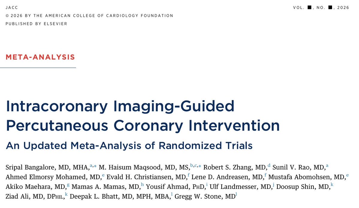 GreggWStone's tweet photo. 1/2 Our updated meta-analysis of intravascular imaging guidance publ in JACC. Since our last synthesis in Lancet 2024, there have been 6 new RCTs with 8,670 additional pts. Total is now 28 RCTs with 24,634 patients with mean FU 22 mos. Should be enough for a definitive answer! https://t.co/ID5dCQmBiy