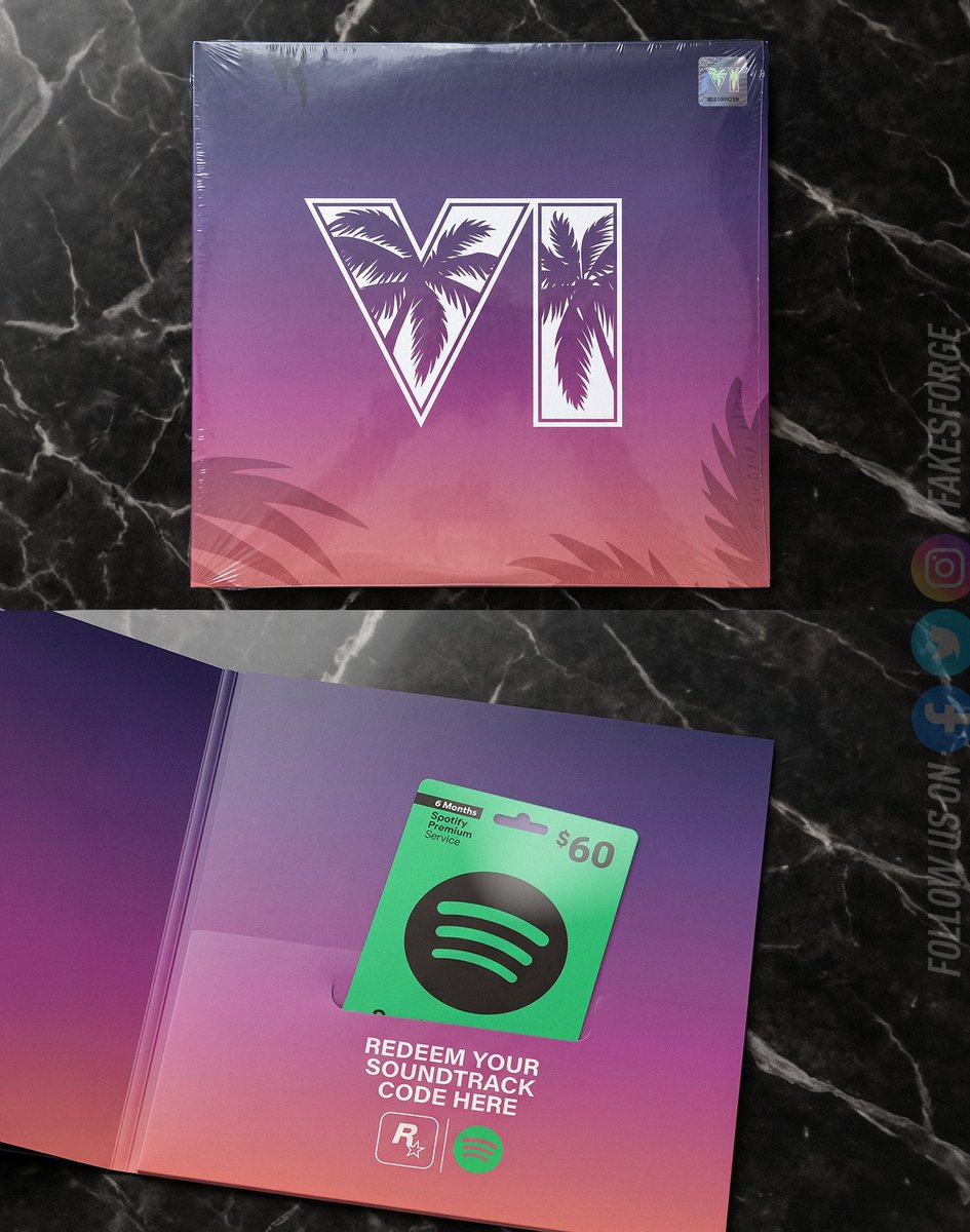 FakesForge's tweet photo. Wyciekły zdjęcia kolekcjonerskiego soundtracku z GTA VI. Kolekcja "wynylowa" zawierać będzie kod aż na 6 miesięcy Spotify Premium! https://t.co/hZMcqGdVg7