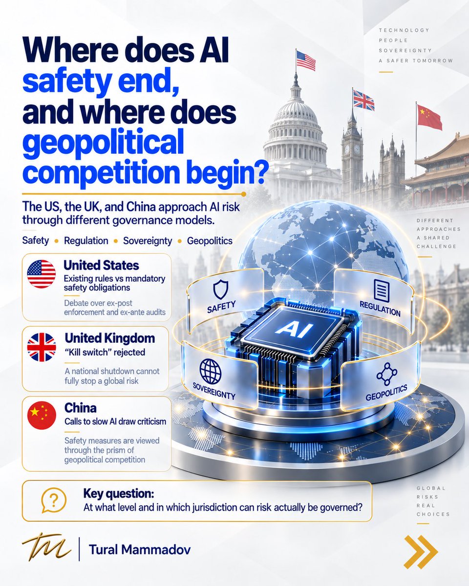 mammadov_t's tweet photo. AI safety is no longer only a technical debate - it is becoming a question of governance, sovereignty, and geopolitical competition. Recent developments illustrate how differently major powers are approaching the same underlying issue.

More https://t.co/gbzLdfHnFh https://t.co/B3kOAS8rcW