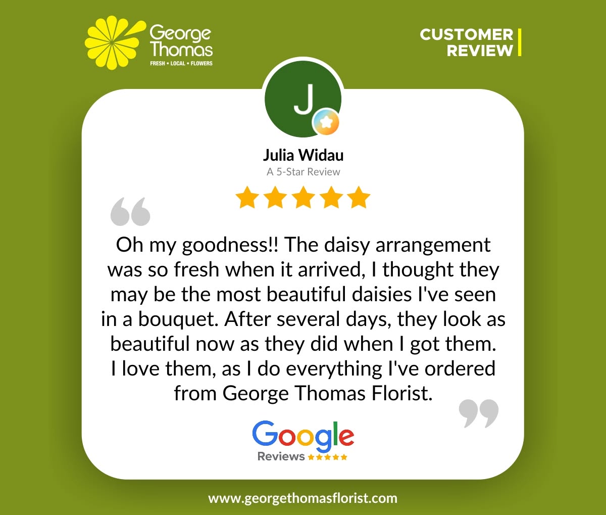IndyFlorist's tweet photo. Julia, thank you so much for your kind words and for being such a loyal customer. It means the world to us to hear that you loved your daisy arrangement and that it's continuing to bring you joy days after it arrived.
We take great pride in using the freshest flowers possible, and knowing that you consistently enjoy your experiences with us truly makes our day.
We sincerely appreciate your continued support and look forward to creating many more beautiful arrangements for you in the future.
#georgethomasflorist #indianapolisflorist