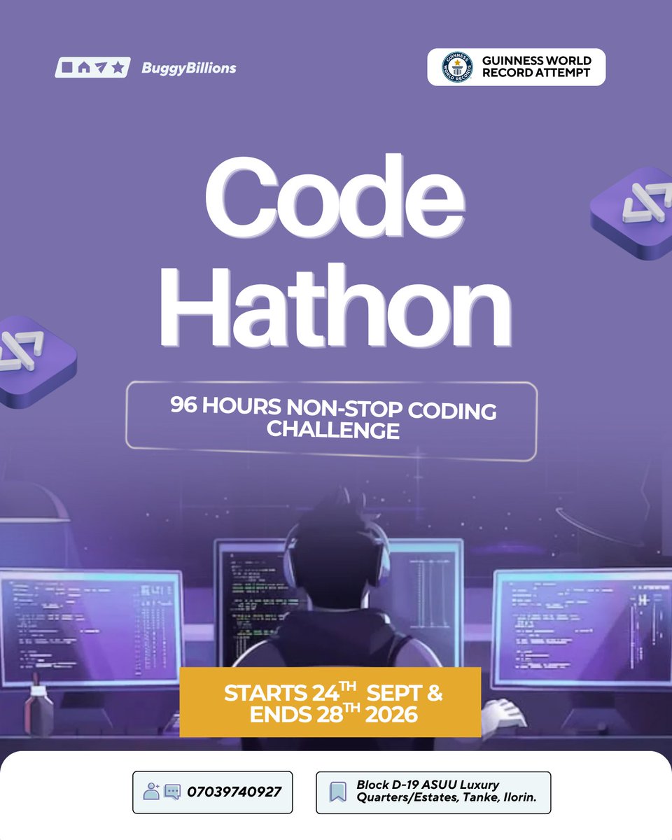 BuggyBillionsng's tweet photo. We are not just writing code, we are writing history
📅 24th to 28th September 2026
📍 ASUU Luxury Quarters, Tanke, Ilorin
#BuggyBillions #CodeHathon #96HoursOfCoding #GuinnessWorldRecords #TechNigeria #CodingChallenge #Developers #IlorinTech #TechCommunity https://t.co/KSCkujC5I3