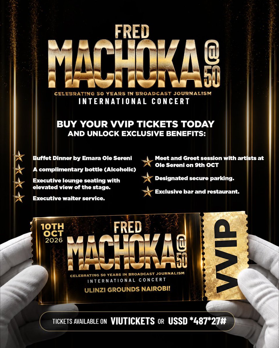 Sherehe_Plug's tweet photo. π #Nairobi #MachokaAt50
VVIP FOR A LEGEND'S NIGHT.
Buffet by Emara @OSereni, a bottle, executive lounge, waiter service & artist Meet & Greet Oct 9th for @fredomachoka's 50-year celebration
π
Sat 10th Oct
π Ulinzi Grounds
https://t.co/2cR97Bxnrs | *487*27#
#SherehePlug https://t.co/Lq5IMnNrxS