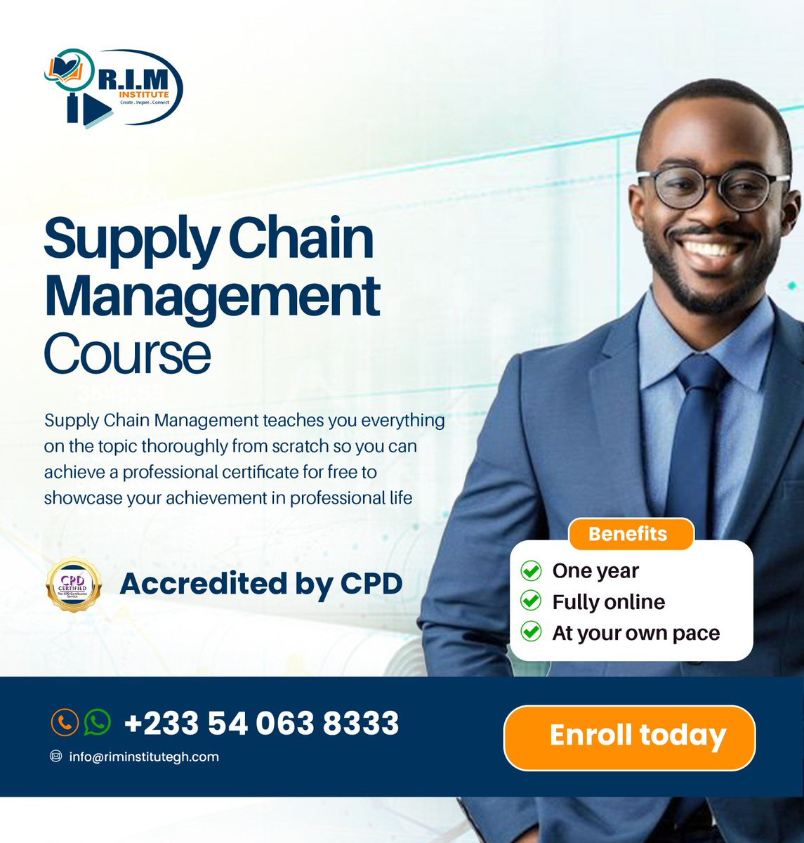 RIM_Institute's tweet photo. Advance your career with
 Supply Chain Management 🚚📦

 Learn to manage procurement, inventory, logistics, and operations while building practical skills for in-demand roles across different industries.

Enroll today and take the next step! 

#management #riminstitute  #Enroll https://t.co/VeJE1NlcVt