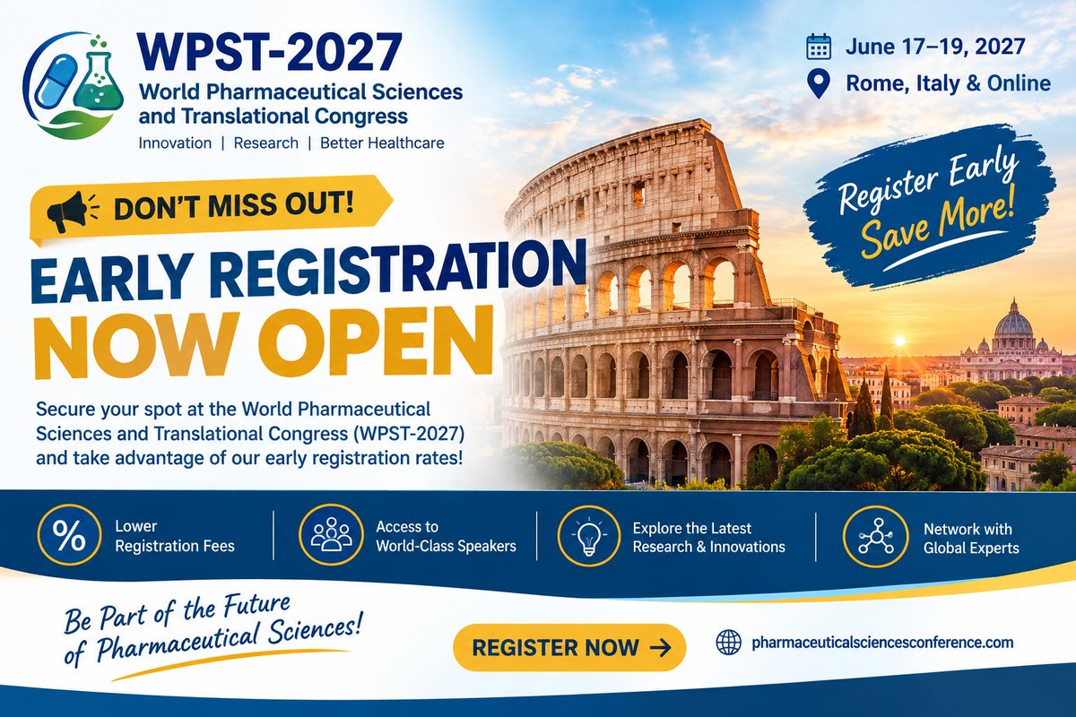 Pharma_Event's tweet photo. 🧪 Join WPST-2027 | Connect • Collaborate • Innovate in Rome &amp; Online, June 17–19, 2027! 🌍
🎯 Theme: Translating Science into Safer, Smarter Therapeutics
🤝 Connect with global experts
🎤 Present your research
📄 Submit Abstract: https://t.co/cqeLG9m3xy

#DrugDiscovery #Pharma https://t.co/4G3HQ5GWcy