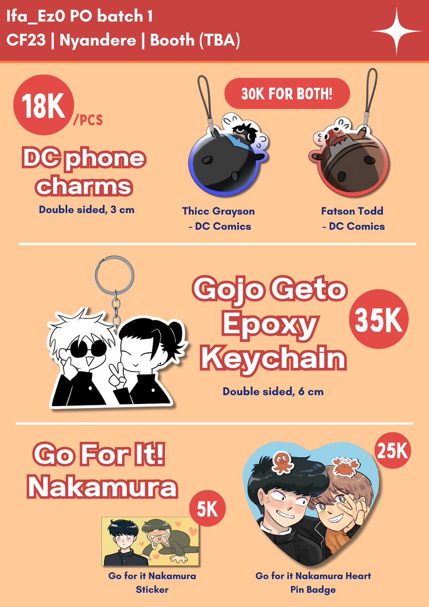 ifa_ez0's tweet photo. 🩷&amp;🔁 are very Appreciated!] 
Ifa_ez's First Batch #CF23 #comifuro23 PO Catalogue is here!  

📍 DAY-2 PICK UP ONLY 
📆 PO period: 17 September - 24 September 
📎 Local form is in bio! 
🌟 Fandom : WHA, DC (Batfam), JJK, Go for it! Nakamura, and more!  

!ALL MERCH ARE LOW STOCK! https://t.co/LcIl0YY2uM
