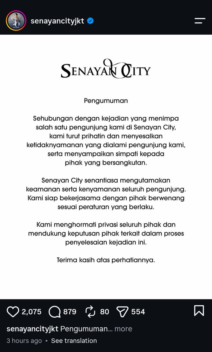 foolinsights's tweet photo. Pihak manajemen Senayan City Mall memberikan tanggapan resmi terkait video viral yang memancing kemarahan netizen 1 hari kemarin.

Katanya menghormati privasi seluruh pihak, kok katanya pihak sency memberikan informasi pribadi korban ke pelaku??!! https://t.co/bzN8oUvuPZ