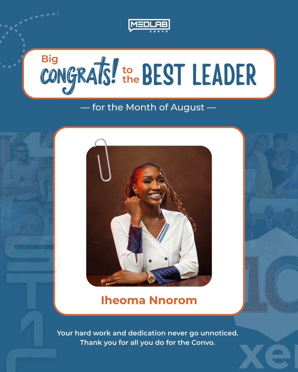 Medlabconvo's tweet photo. @KelsieSylvanus And the one that takes the crown, Congratulations to Joshua Adekunle for being the overall best volunteer for the month and best in leadership, Iheoma Nnorom for being spectacular in steering the leadership wheel.

We see you and we appreciate your efforts ✨ https://t.co/yPgw8BjCfw