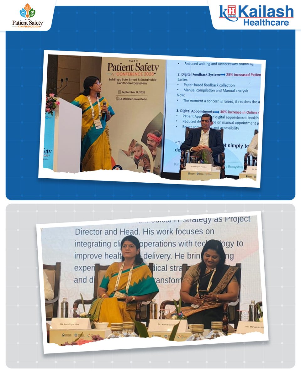 KailashHealth's tweet photo. We are proud to share that Ms. Sandhya Jha, Group Director – IT & Biomedical, Kailash Healthcare, was invited & honored to be one of the distinguished Panel Speakers at the National Accreditation Board for Hospitals & Healthcare (NABH) Patient Safety Conference 2026, held at Le Méridien, New Delhi.
The conference provided a valuable platform to share fact-based insights about 'Operational Efficiency' in healthcare after DHS implementation, our results, experiences, and learnings following Kailash Healthcare’s accreditation under the GOLD Category of DHS and, more importantly, our journey of translating these standards into robust, consistently implemented processes across all 9 hospitals.
For us, accreditation is not merely a recognition—it is a commitment to continuous improvement, measurable outcomes, operational excellence, and safer patient care.
Thankful to NABH for making Kailash Healthcare a crucial part of the digital transformation and contribute to the dialogue shaping the future of Patient Safety and Quality in Healthcare.