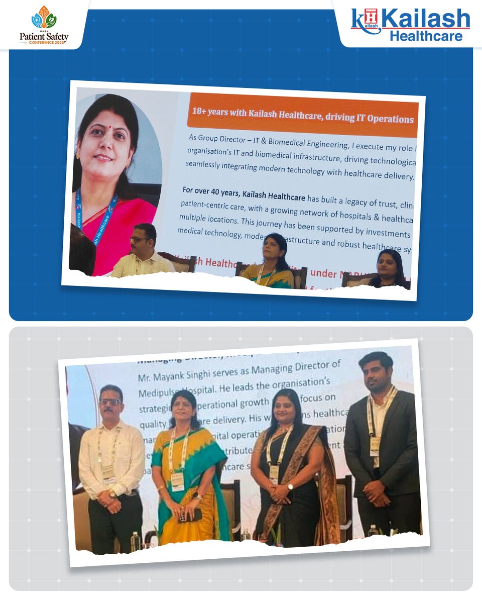 KailashHealth's tweet photo. We are proud to share that Ms. Sandhya Jha, Group Director – IT & Biomedical, Kailash Healthcare, was invited & honored to be one of the distinguished Panel Speakers at the National Accreditation Board for Hospitals & Healthcare (NABH) Patient Safety Conference 2026, held at Le Méridien, New Delhi.
The conference provided a valuable platform to share fact-based insights about 'Operational Efficiency' in healthcare after DHS implementation, our results, experiences, and learnings following Kailash Healthcare’s accreditation under the GOLD Category of DHS and, more importantly, our journey of translating these standards into robust, consistently implemented processes across all 9 hospitals.
For us, accreditation is not merely a recognition—it is a commitment to continuous improvement, measurable outcomes, operational excellence, and safer patient care.
Thankful to NABH for making Kailash Healthcare a crucial part of the digital transformation and contribute to the dialogue shaping the future of Patient Safety and Quality in Healthcare.