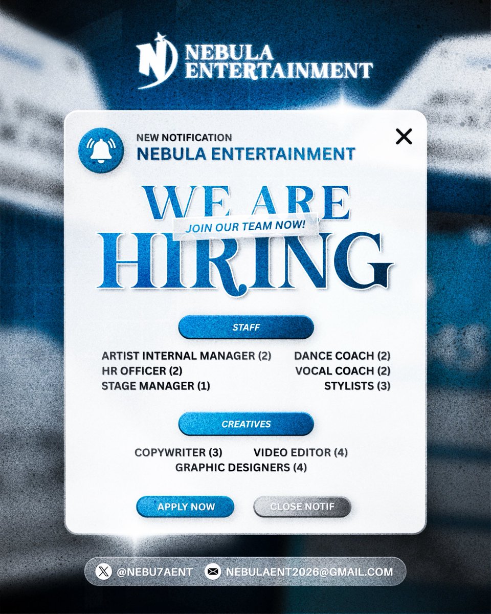 NEBU7AENT's tweet photo. ⠀ 

🌐 𝓝𝐄𝐁𝐔𝐋𝐀 𝐄𝐍𝐓. 𝐈𝐒 𝐒𝐓𝐈𝐋𝐋 𝐇𝐈𝐑𝐈𝐍𝐆

Haven’t applied yet? Good news, the application form is 𝐬𝐭𝐢𝐥𝐥 𝐨𝐩𝐞𝐧! Step into a world of creativity &amp; innovation—unravel your 𝓘𝐧𝐟𝐢𝐧𝐢𝐭𝐞 𝐩𝐨𝐭𝐞𝐧𝐭𝐢𝐚𝐥 now! ٠࣪⭑

Apply now: https://t.co/qt82QndMMu

⠀ https://t.co/sleFSv3a0F