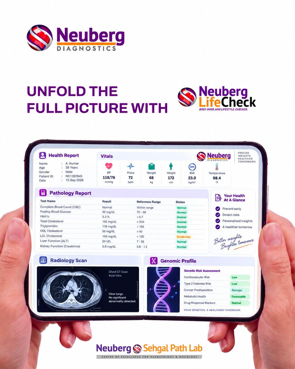 SehgalPathLab's tweet photo. Your iPhone unfolds. So should your health story.

Go beyond the basics with Neuberg LifeCheck - complete health insights for the full picture.

For appointments:
📞 022-35193900

#sehgalpathlab #NeubergDiagnostics #NeubergLifeCheck #UnfoldTheFullPicture #PreventiveHealthChecks https://t.co/qNOSE8nfup