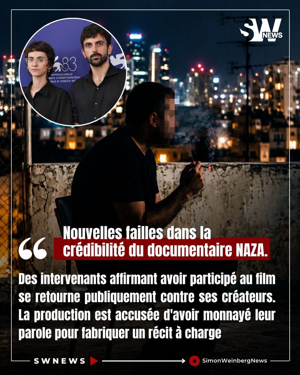 SlMONWEINBERG's tweet photo. 🔴🇮🇱🎭| Nouvelles failles dans la crédibilité du documentaire NAZA. Des intervenants affirmant avoir participé au film se retourne publiquement contre ses créateurs. La production est accusée d'avoir monnayé leur parole pour fabriquer un récit à charge

Alors que le documentaire des réalisateurs Yuval Abraham et Rachel Shor suscite déjà une vive controverse, de nouvelles révélations viennent fragiliser davantage sa méthode d'investigation.

Un système de primes en liquide pour gonfler les chiffres

Selon des informations rapportées par IsraJ News, un jeune homme affirmant avoir participé au tournage du film s'est publiquement retourné contre l'équipe de production. Son témoignage met en lumière un système de rémunération particulièrement cynique :

Achat de témoignages au surenchérissement : Une compensation financière en liquide aurait été proposée aux intervenants, indexée sur le nombre de victimes rapportées à l'écran.

Une incitation directe à l'exagération : « Tu dis 400 morts, tu touches 4 000 ; tu dis 500 morts, tu touches 5 000 », affirme le témoin. L'exhibition d'espèces aurait incité certains participants à déformer ou amplifier leurs déclarations pour maximiser leurs gains.

Contradictions flagrantes avec la réalité du terrain

Outre la fabrique des témoignages, l'intervenant souligne de lourdes incohérences factuelles : Les chiffres et récits avancés dans le montage final ne correspondent pas aux observations directes faites sur le terrain.

Il pointe notamment des éléments erronés concernant la frappe du 13 juillet 2024 visant Mohammed Deif, chef de la branche armée du Hamas.

📌Ces révélations viennent renforcer les critiques sur le manque de rigueur journalistique d'un film s'appuyant sur des sources anonymes et invérifiables, désormais accusé d'avoir monnayé la parole de ses intervenants pour fabriquer un récit à charge. 

#Israël #NAZA #Gaza #Tsahal #Médias