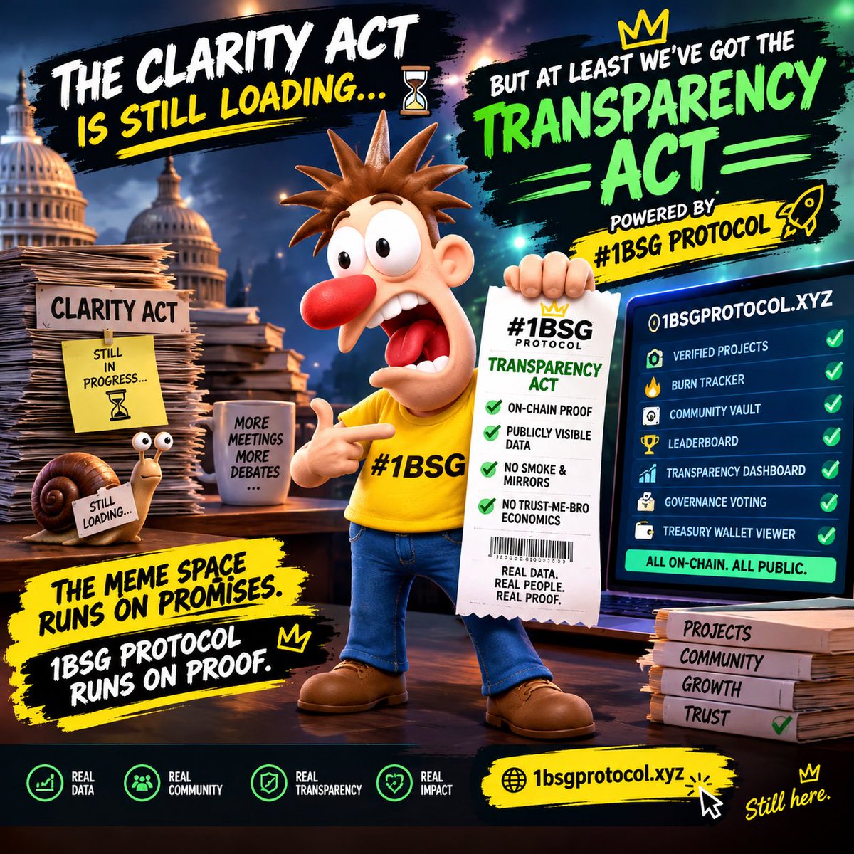 numberoneBSG's tweet photo. $#1BSG🚀🚀🚀GMGM
 🚨 BREAKING: The Clarity Act is still loading…

Meanwhile, #1BSG Protocol said:

“Forget clarity. We’re bringing the receipts.” 😂

📜 The Transparency Act is LIVE.

✅ On-chain proof
✅ Publicly visible data
✅ No smoke & mirrors
✅ No trust-me-bro economics

The meme space runs on promises.

1BSG Protocol runs on proof. 🧾

👉 https://t.co/ZkEY82bz8y

#1BSG #Solana #Crypto #Web3 #Transparency #Memecoins