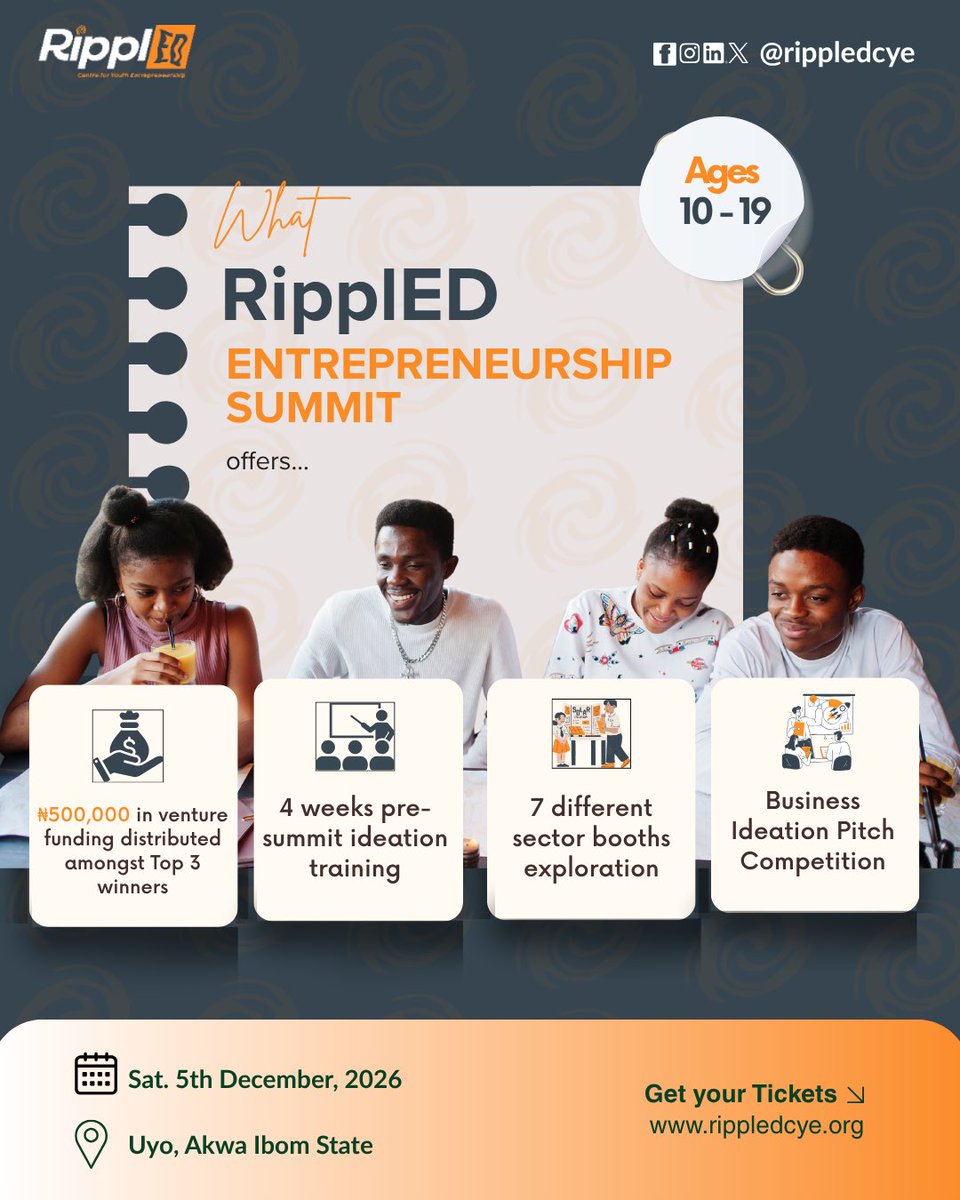 rippledcye's tweet photo. The future of African innovation starts with the boldest young minds right here in Uyo! 🔥

Both non-adult tickets guarantees full access, full day meal, hackathon toolkits, and massive growth perks.

Get your tickets at https://t.co/rw3sGBZ627

#RES2026
#RipplEDCYE https://t.co/pfAbb39Avz