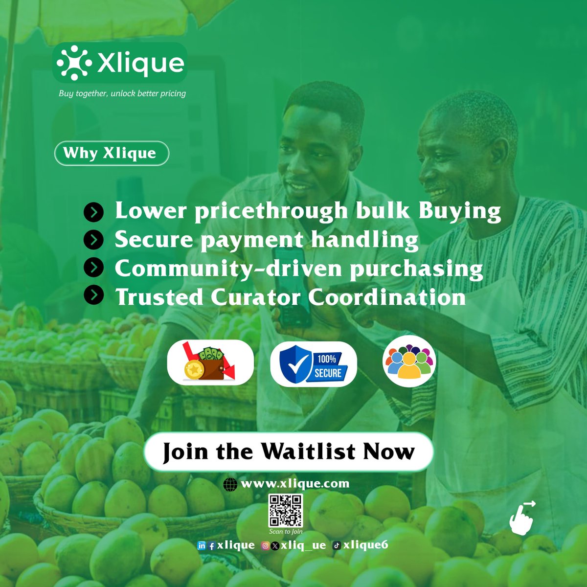 Xliq_ue's tweet photo. Group buying, made simple.

1. A Curator creates a buying opportunity.
2. Buyers commit and pay securely.
3. The bulk order is placed.
4. Everyone collects at a fixed time and location.

Start co-buying with Xlique: https://t.co/HpNgKRosU9
#GroupBuying https://t.co/U5c1QbZvsQ