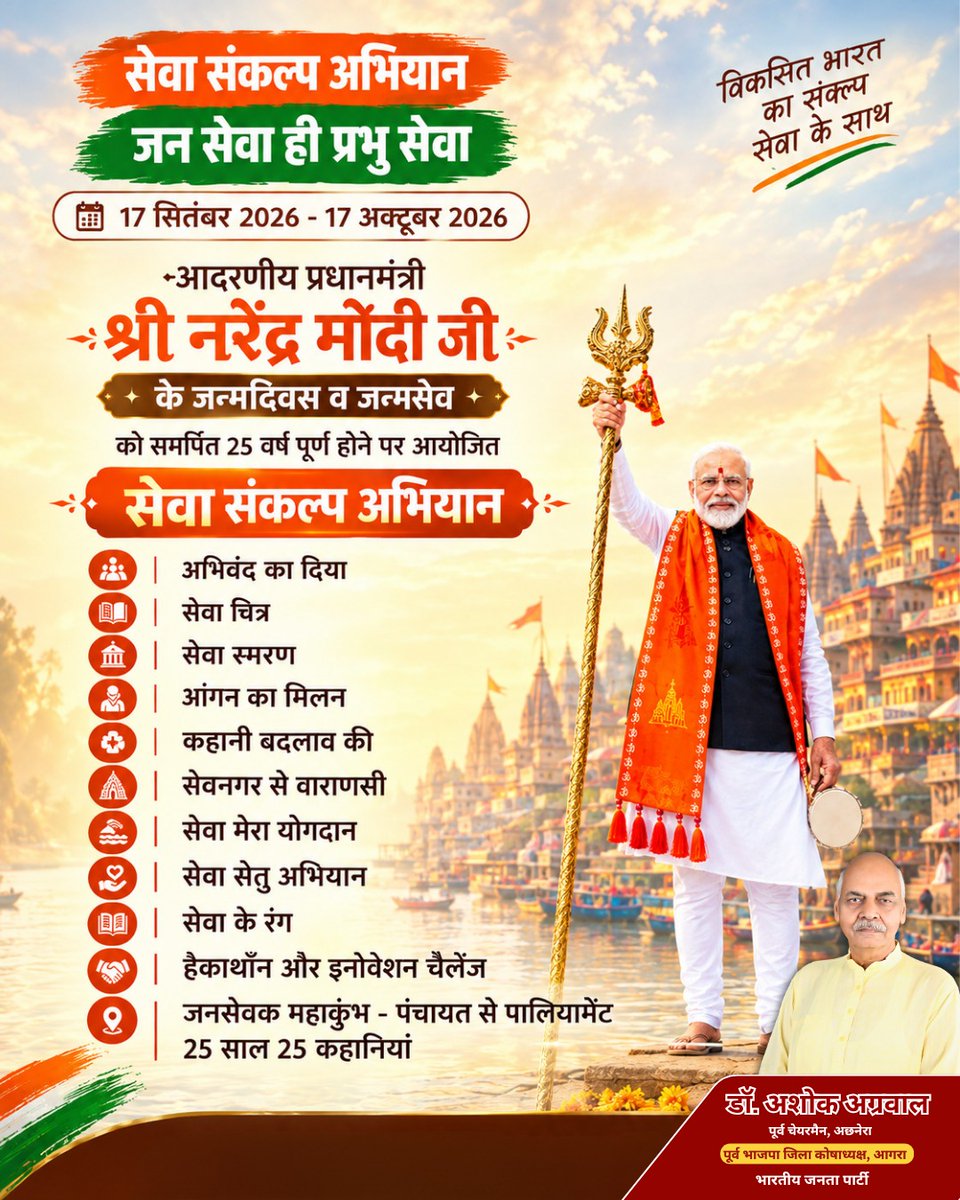 ashokag1956's tweet photo. 17 सितंबर से 17 अक्टूबर 2026: 'सेवा संकल्प अभियान'! 🇮🇳🙏

माननीय प्रधानमंत्री श्री नरेंद्र मोदी जी के 25 वर्षों के बेमिसाल जनसेवा के सफर को समर्पित इस महाअभियान से जुड़कर समाज कल्याण में अपना योगदान दें।

#SevaSankalpAbhiyan #PMModi #JanSeva #ViksitBharat #BJP #Agra https://t.co/bXJ4qUiYvO