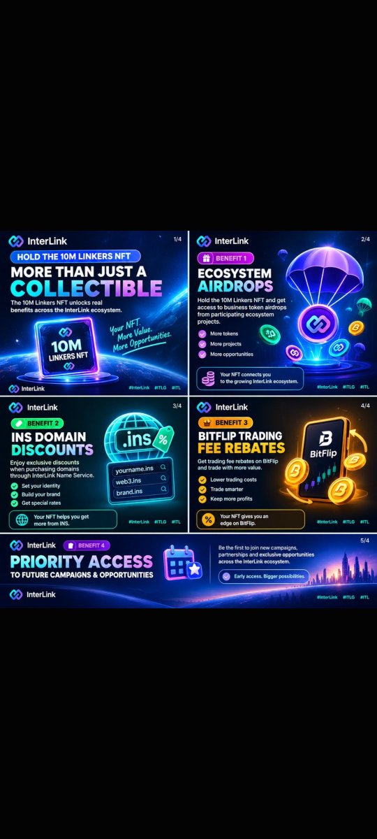 Pulusugopi37's tweet photo. Create a carousel-style content concept explaining the benefits of holding the 10M Linkers NFT. Use one section for each benefit: ecosystem airdrops, INS discounts, BitFlip fee rebates, and priority access to future campaigns and opportunities.
Hashtags: 
#InterLink #ITLG #ITL https://t.co/Ya9YCXo6Qp