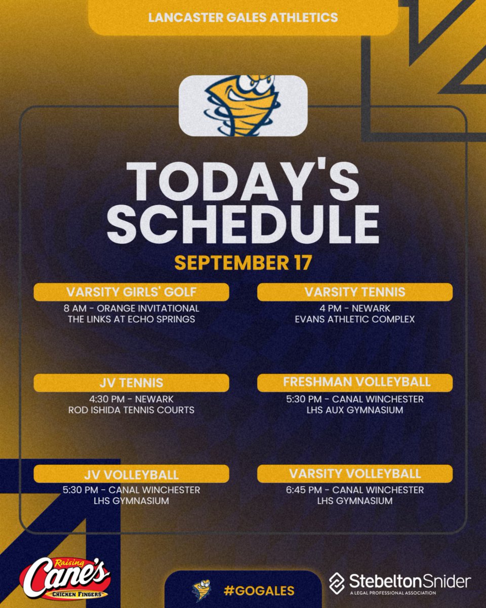 lancastergales's tweet photo. THURSDAY SCHEDULE (9/17) 🗓️

Big Thursday lineup on deck for the Gales! ⚡️

⛳️ Golf | 🎾 Tennis | 🏐 Volleyball

📍 Check the graphic for home &amp; away locations, matchups, and start times!

Good luck to all our athletes today! 🌪️

#GoGales https://t.co/RSHZUFY9Pk