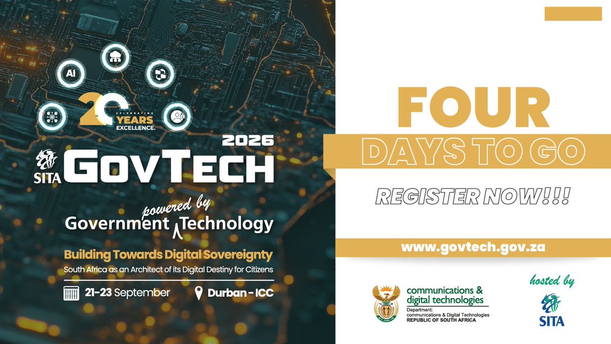 govtechZA's tweet photo. Four days to go. The Digital Public Service Awards return to GovTech 2026, celebrating excellence in citizen-centric government. Awards ceremony on 21 September 2026.
Register now: https://t.co/5pqG9nmPv4
#GovTech2026 #DigitalSovereignty #SITA #4DaysToGovTech #Countdown #GovTech20Years