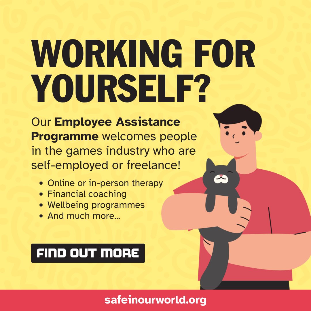 SafeInOurWorld's tweet photo. You don't need to miss out on the benefits of an Employee Assistance Programme just because you're not an employee. 👀 Anyone working in the UK games industry can join our EAP!

https://t.co/8mXvaeheEs https://t.co/d9jGSK2Ix1