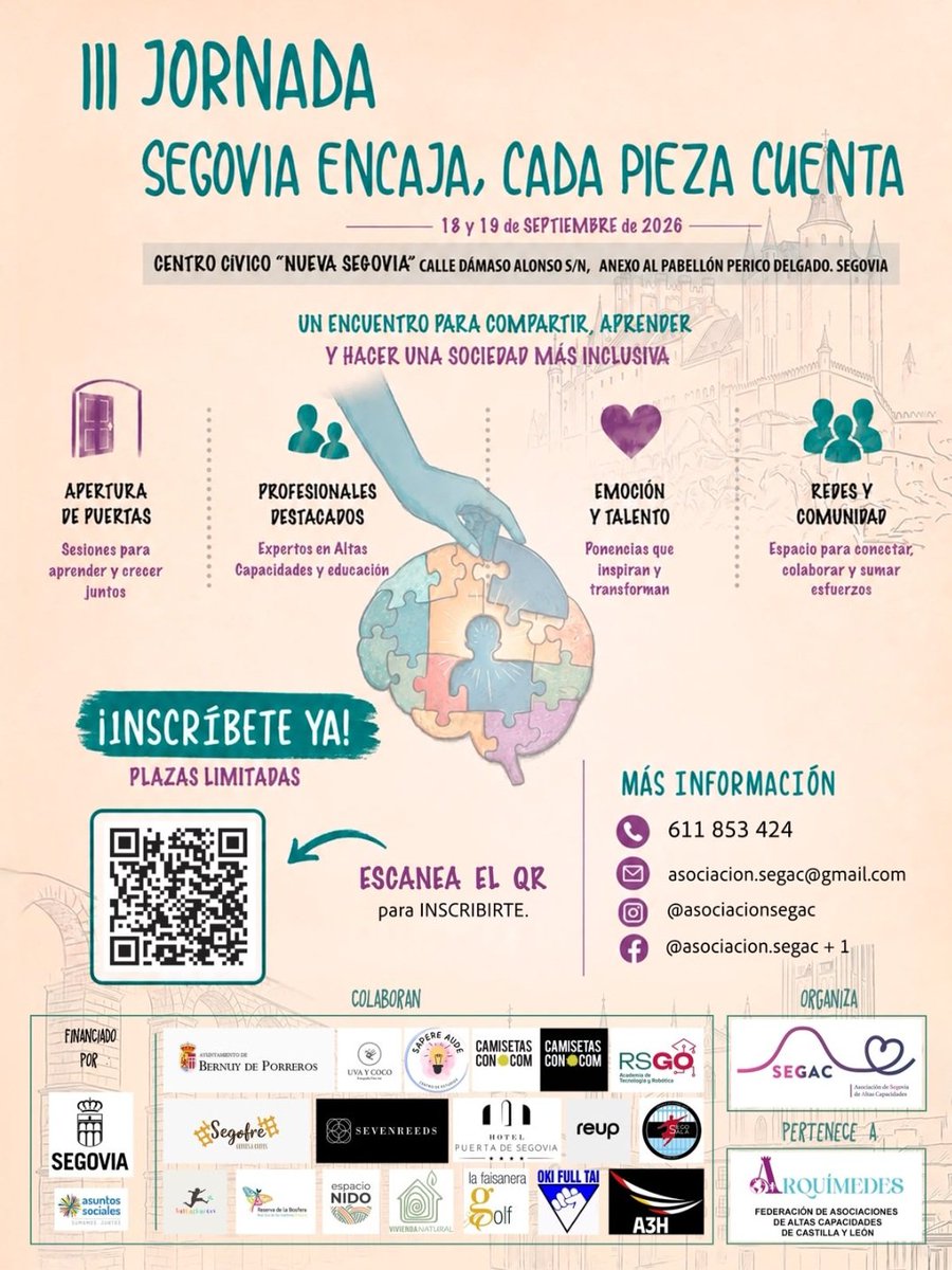 ceiparcipreste's tweet photo. ¡Atención! Vuelve la III Jornada #SegoviaEncaja cada pieza cuenta 🧩
​🗓 18 y 19 de septiembre 2026.
📍 Centro Cívico "Nueva Segovia".
✅ Ponencias de expertos en Altas Capacidades.
🆓 Gratuito para socios.
​¡Inscríbete ya! Escanea el QR para no perderte nada. #AltasCapacidades https://t.co/G34JufcMTK