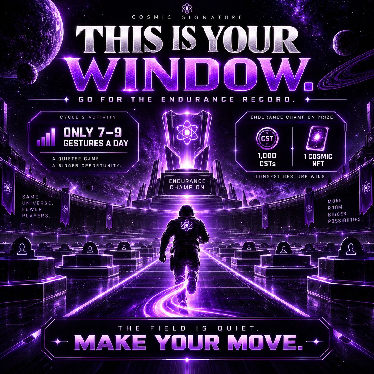 CosmicSignature's tweet photo. If you’ve been thinking about going after the Endurance Champion, this is your window 👀

Cycle 2 is unusually quiet right now, with only 7–9 gestures a day and very little player activity.

And slow times are the perfect windows to go for an Endurance Champion record.

For new players: The Endurance Champion prize goes to the player who has the longest gesture duration in a cycle.

Naturally, when there's less traffic, there's more room for your gesture to get a longer timing.

And, if your gesture sets the longest duration of the entire cycle, you take home:

🏆 1,000 CST
🏆 1 Cosmic Signature NFT

The game is quiet right now.

This is the right time to act and lock your new Endurance Champion record.

Strike with purpose.