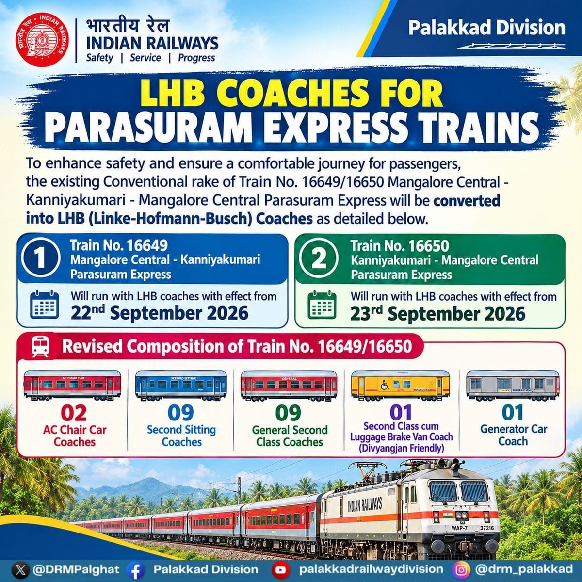 titusperis's tweet photo. 16649/16650 Parasuram Express to get LHB coaches from 22nd September 2026

#indianrailways #southernrailway #parasuramexpress #mangalore #kanniyakumari #lhbcoaches https://t.co/eARyEZ5NtI