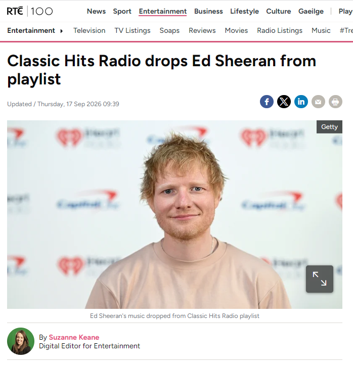 keira_con's tweet photo. Wow After a snooze here in hospital this morning, while my IV drip was being changed, someone mentioned that Ed Sheeran had been removed from the Classic Hits Radio playlist.

At first, I assumed I was still dreaming, as I tend to have quite surreal dreams at times. I have now checked and, remarkably, it is true.

I woke to reports of firearms allegedly being carried by non-Irish nationals in Dublin and subsequently dumped in bins, along with a mountain of DMs that I am not even going to attempt to read today because my head is completely fried.

But amid all that, apparently Ed Sheeran is now the pressing danger to Irish radio.

So what exactly did Ed do?

The station acknowledges that removing Macklemore from Sheeran’s US tour was the promoter’s decision, not Sheeran’s. It also accepts that Sheeran tried to find a resolution. Yet it has decided to punish him by removing his music “for the foreseeable future.”

Classic Hits says this is about respecting artists who act according to their sincerely held convictions. But does that respect not also extend to Ed Sheeran, particularly when the decision at the centre of the controversy was not his?

I have spent long enough in radio to understand that every station has the right to decide what appears on its playlist. However, removing an artist’s entire catalogue over a political dispute in which the station accepts he was not the decision-maker is something else entirely.

It reminds me of the bygone days of 1991, when the BBC circulated a list of 67 songs considered unsuitable for broadcast during the Gulf War. More than 35 years later, we appear to be drifting back towards the idea that music must be filtered according to the prevailing political mood.

The reference to “listener feedback” also raises questions. How many listeners requested this? Was any representative research conducted, or did management make a political decision and invoke unnamed listeners to justify it?

Classic Hits is perfectly entitled to choose its music. Listeners are equally entitled to recognise this for what it appears to be: a political loyalty test dressed up as compassion.

Perhaps they could now publish the full list of political opinions artists must hold before their records are considered safe for broadcast.

Anyway, back to the drip. Apparently the infection wasn’t the strangest thing I would encounter in hospital today.