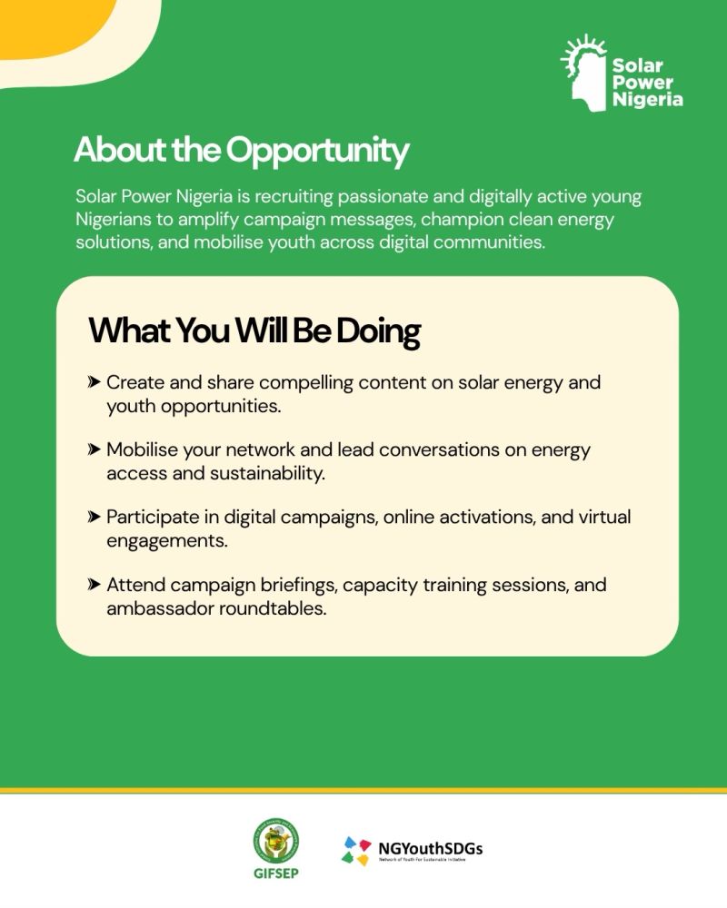 gifsep4climate's tweet photo. Join the network of young champions driving renewable energy adoption across Nigeria as a Social Media Ambassador for the Solar Power Nigeria Campaign. Deadline: 2nd October 2026
Apply here: Scan the QR code or visit
#SolarPowerNigeria
#LightUpNigeria
https://t.co/6cyKo0ETR0 https://t.co/bEYp7mqTFH