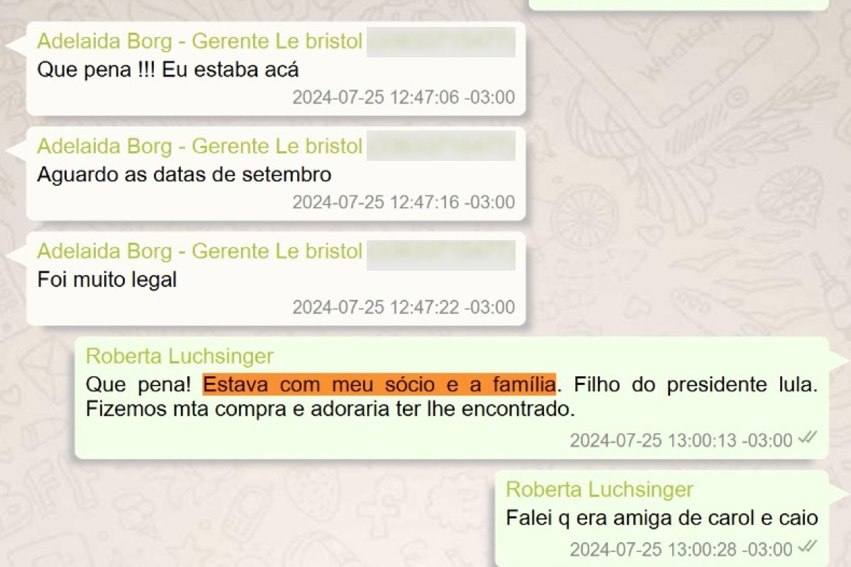 andreshalders's tweet photo. Lulinha era sócio de Roberta Luchsinger 

Tivemos acesso a oito mensagens de WhatsApp da própria Roberta em que ela trata o filho de Lula como "sócio".

Na sabatina do JN, Lula chamou-a de "pilantra" https://t.co/nU8xoRuSaX