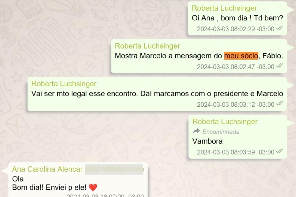 andreshalders's tweet photo. Lulinha era sócio de Roberta Luchsinger 

Tivemos acesso a oito mensagens de WhatsApp da própria Roberta em que ela trata o filho de Lula como "sócio".

Na sabatina do JN, Lula chamou-a de "pilantra" https://t.co/nU8xoRuSaX