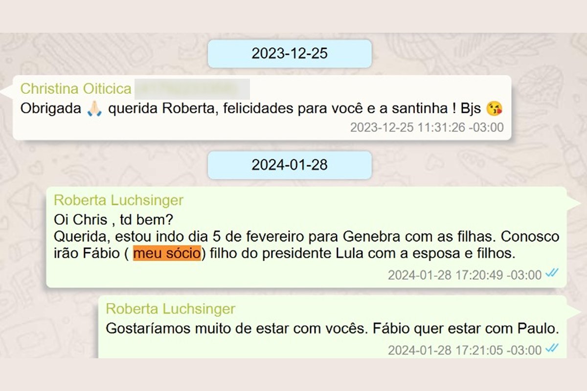 andreshalders's tweet photo. Lulinha era sócio de Roberta Luchsinger 

Tivemos acesso a oito mensagens de WhatsApp da própria Roberta em que ela trata o filho de Lula como "sócio".

Na sabatina do JN, Lula chamou-a de "pilantra" https://t.co/nU8xoRuSaX