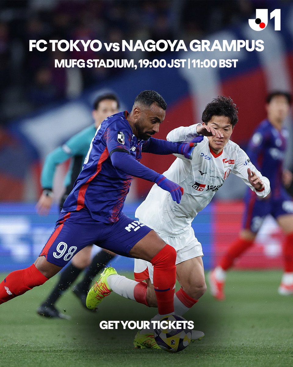 J_League_En's tweet photo. FC Tokyo face Nagoya Grampus at MUFG Stadium, with tickets available now.

🎟️ Get yours and be there for J1 action.

⏰ 19:00 JST | 11:00 BST

#JLeague https://t.co/3M3aT77nT1