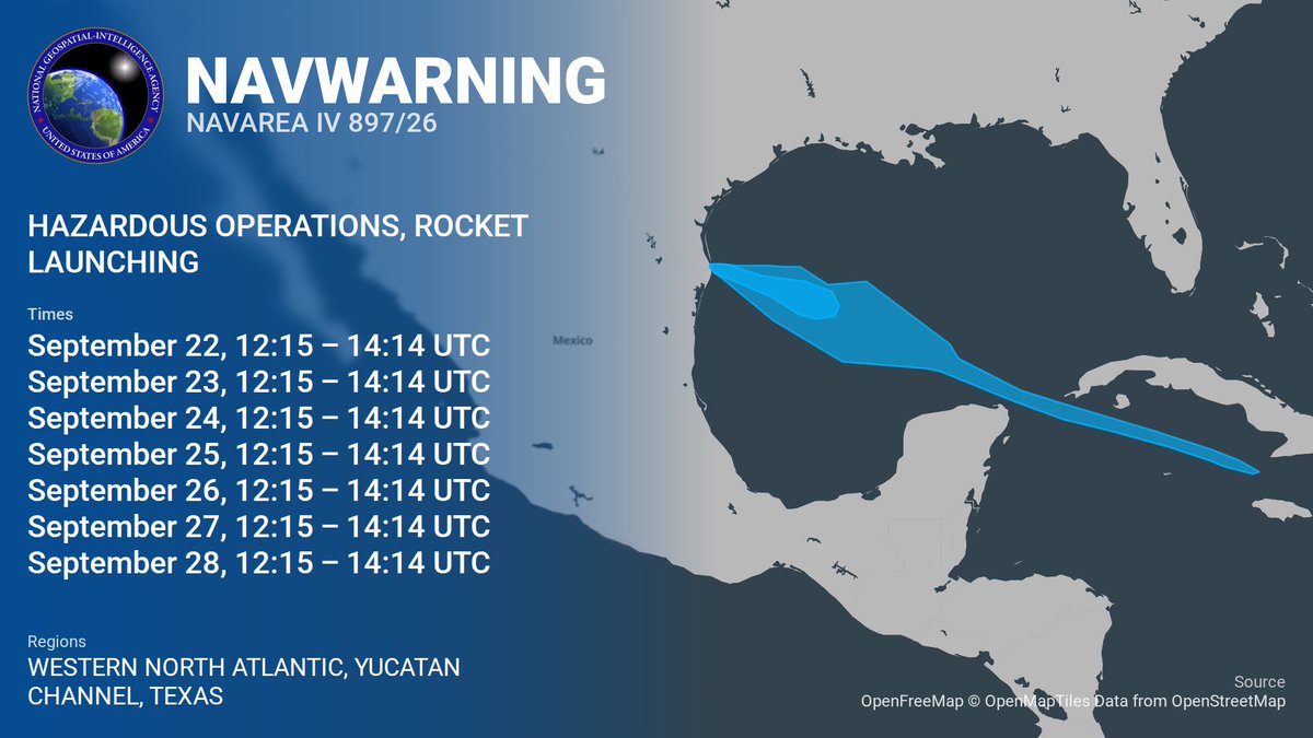 SpaceNotices's tweet photo. All four navigational warnings for Starship Flight 14 have been published. These are for launch, both contingency reentry areas, and the final reentry location 

https://t.co/pBUoqRmWBw https://t.co/JIHn4395pd