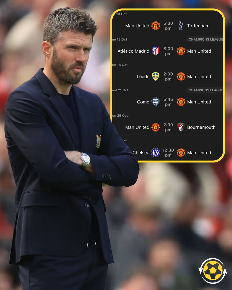 DeadlineDayLive's tweet photo. 🚨 Manchester United’s October fixtures are absolutely BRUTAL. 😳

🔸 Tottenham (H)
🔸 Atlético Madrid (A)
🔸 Leeds (A)
🔸 Como (A)
🔸 Bournemouth (H)
🔸 Chelsea (A)

Six games in just 22 days, including FOUR away from home.

If results don’t improve quickly, could October be the month that decides Michael Carrick’s future at Man United? 👀🔴