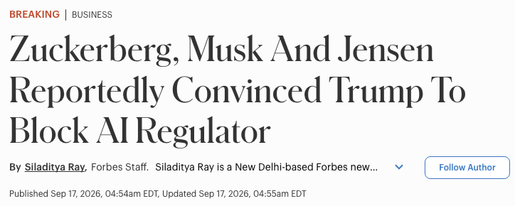 wallstengine's tweet photo. Mark Zuckerberg, Elon Musk and Jensen Huang reportedly pushed Trump to drop a proposed AI regulator backed by Google DeepMind chief Demis Hassabis.

The plan would have created an industry-funded body to set standards and oversee AI companies, similar to FINRA in finance. https://t.co/3fZbKYborO