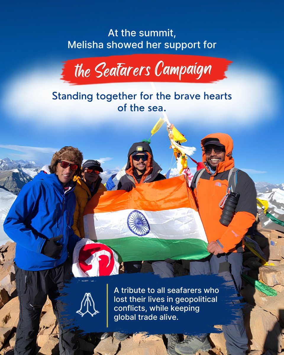 FSUIINDIA's tweet photo. From the summit of Mount Yunam, Melisha Mathias raises her voice for the bravehearts of the sea. 

A powerful tribute to seafarers who keep global trade moving.
Seafarers are the heartbeat of the ocean.
She flagged the issue of safety of seafarers from mount yunam now it's ur turn from sea.

@dgshipping_IN @shipmin_india @imohq  @ITFAPAC