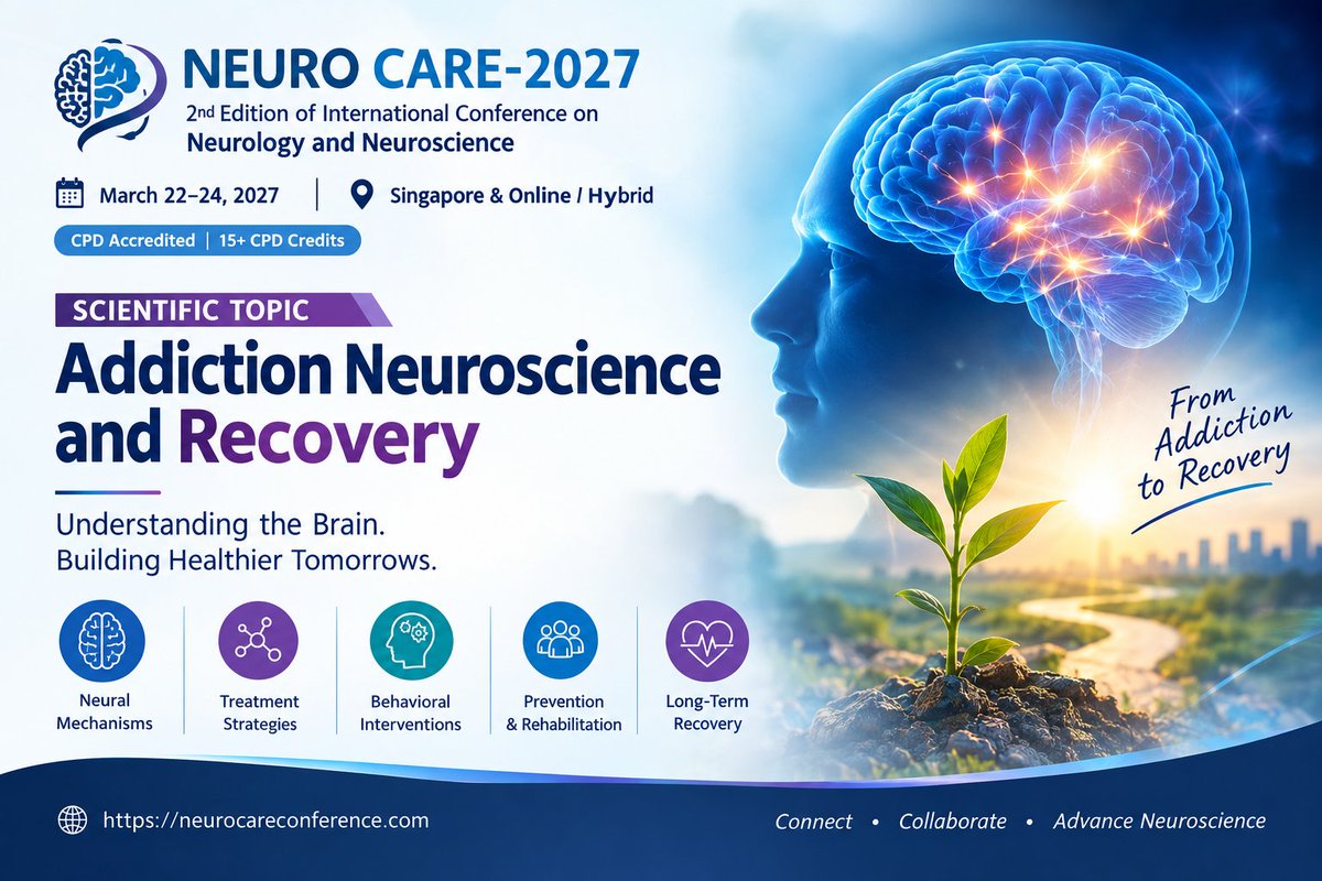 NeuroCareEvent's tweet photo. Explore how neural circuits, brain plasticity, behavior, genetics, and environmental factors shape addiction and recovery.
๐ Neuro Care-2027
๐
March 22โ24, 2027
๐ Singapore & Online | Hybrid
๐ Submit your abstract:
https://t.co/VawozMJsmD
#AddictionNeuroscience #Neuroscience https://t.co/DzPPKjsU9Z