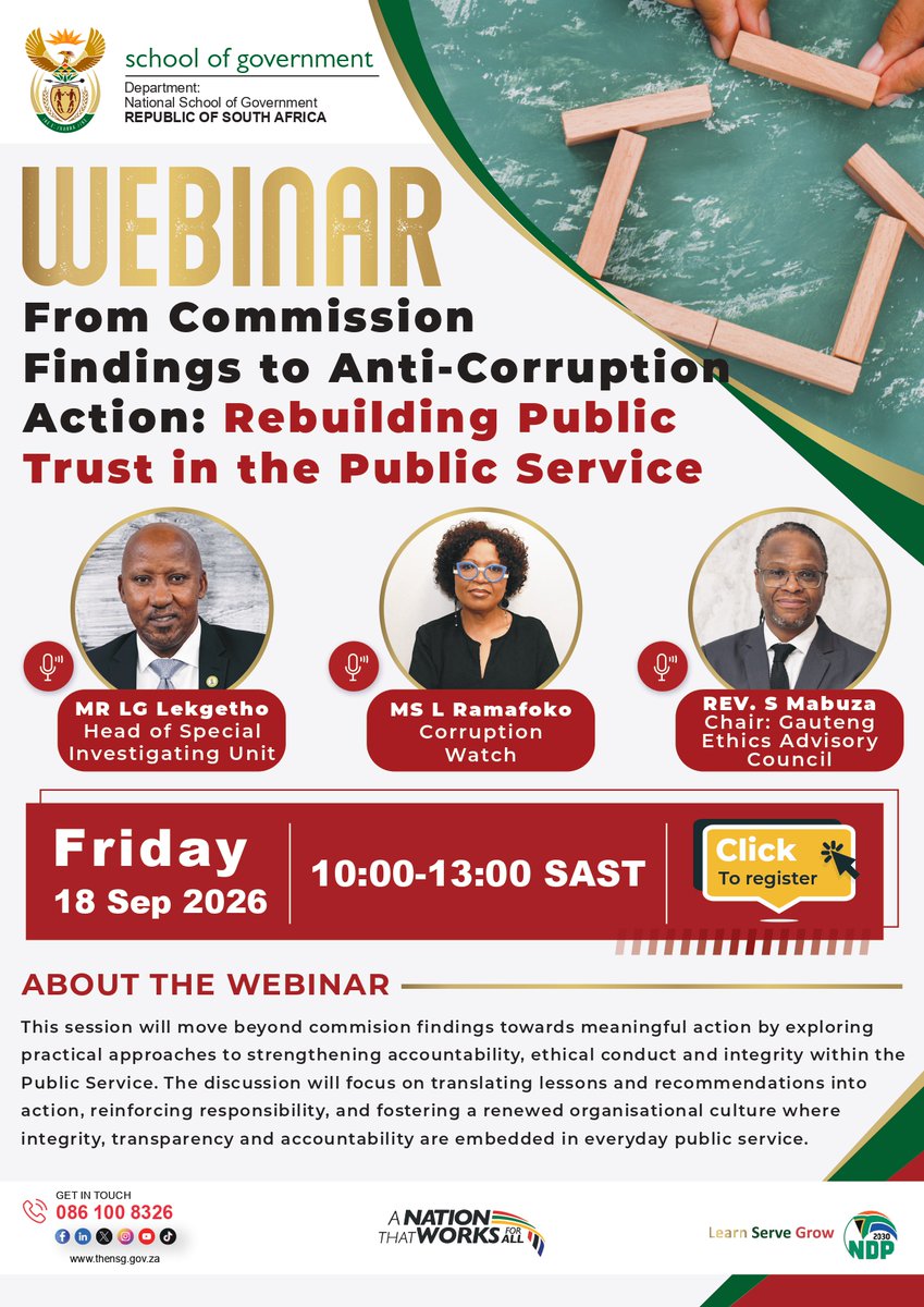 Corruption_SA's tweet photo. How do we move from commission findings to meaningful anti-corruption action?

CW Executive Director Lebogang Ramafoko joins the National School of Government webinar to discuss this.

Register here to join : https://t.co/tLBdiQDx9S

#CorruptionWatch #Accountability https://t.co/SD5Jc6TAKU