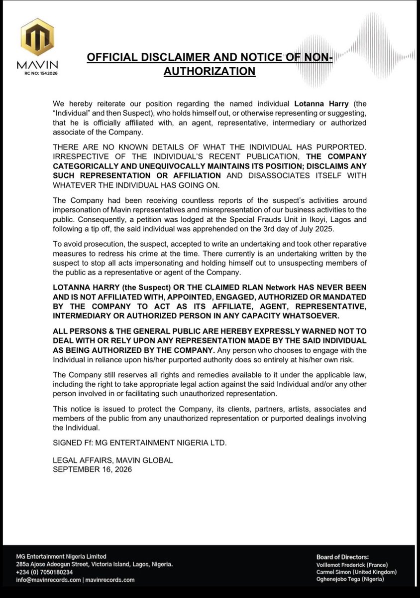 MavinRecords's tweet photo. THE PUBLIC IS HEREBY ADVISED NOT TO ENTERTAIN ANY SUCH COMMUNICATION OR PURPORTED REPRESENTATION FROM OR BY THE SAID INDIVIDUAL.

WE FURTHER INVITE ANY PERSON WHO MAY HAVE HAD DEALINGS WITH, OR WHO MAY HAVE BEEN APPROACHED BY, THE SAID INDIVIDUAL IN CIRCUMSTANCES INVOLVING PURPORTED MISREPRESENTATION OR UNAUTHORIZED SOLICITATION OF FUNDS, TO COME FORWARD AND PROVIDE ANY RELEVANT EVIDENCE, INCLUDING RECEIPTS, PAYMENT RECORDS, CORRESPONDENCE, CONVERSATIONS LEADING UP TO ANY PAYMENT DEMANDS, OR OTHER SUPPORTING DOCUMENTATION, WHERE APPLICABLE.

PLEASE DO NOT HESITATE TO CONTACT US DIRECTLY THROUGH OUR VERIFIED OFFICIAL CHANNELS!
