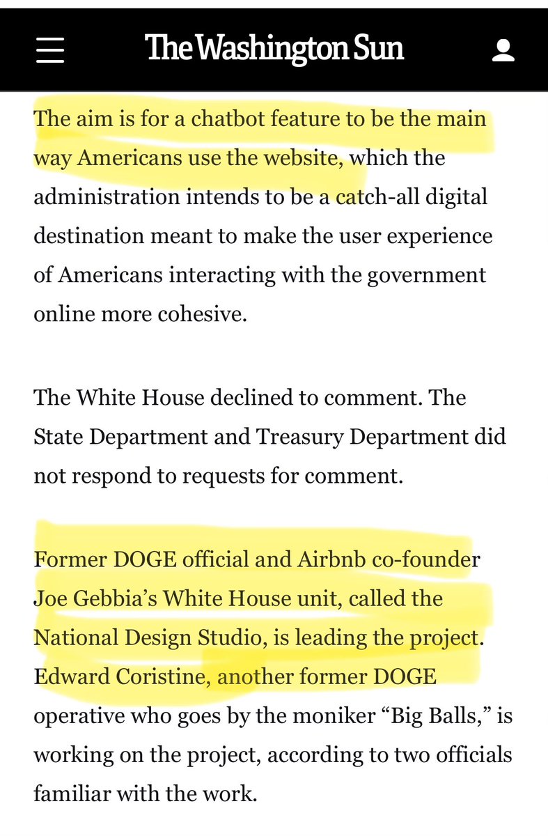 DouglasLFarrar's tweet photo. The Trump admin is having DOGE set up an AI powered website called America dot gov where you can try to file your taxes or get a passport. 

The main way to use it? An AI chat bot. 

Getting stuck in a doom loop on America dot gov is a hell of a metaphor for the Trump era. https://t.co/irL0F1ytrT