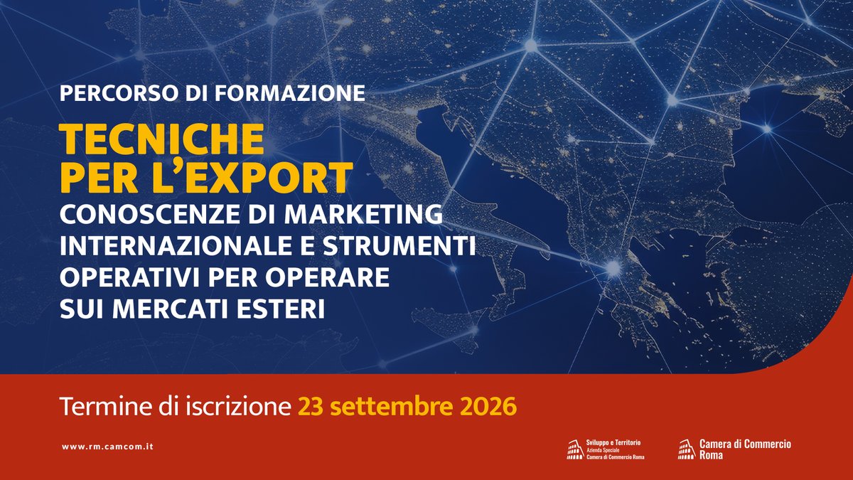 camcomroma's tweet photo. 📢 La Camera di Commercio di Roma promuove il IV ciclo del percorso di formazione sulle tecniche per l'export, realizzato in collaborazione con Agenzia ICE e dedicato alle imprese di Roma e provincia.

📚 Il percorso è gratuito e si svolgerà dal 7 ottobre (data aggiornata) al 18 novembre 2026, con 7 moduli formativi:
✅ 2 incontri in presenza
✅ 5 incontri online

💡 Un'opportunità per acquisire competenze pratiche su marketing internazionale, dogane, contrattualistica, pagamenti internazionali, digital export, compliance e strategie per affrontare con successo i mercati esteri.
🎯 Al termine del percorso, un numero selezionato di imprese potrà accedere a un coaching personalizzato con esperti ICE per approfondire il proprio progetto di internazionalizzazione.

📅 Iscrizioni aperte fino al 23 settembre 2026.
👉 La partecipazione è riservata alle imprese di Roma e provincia ⤵

https://t.co/hhbktrXkGs