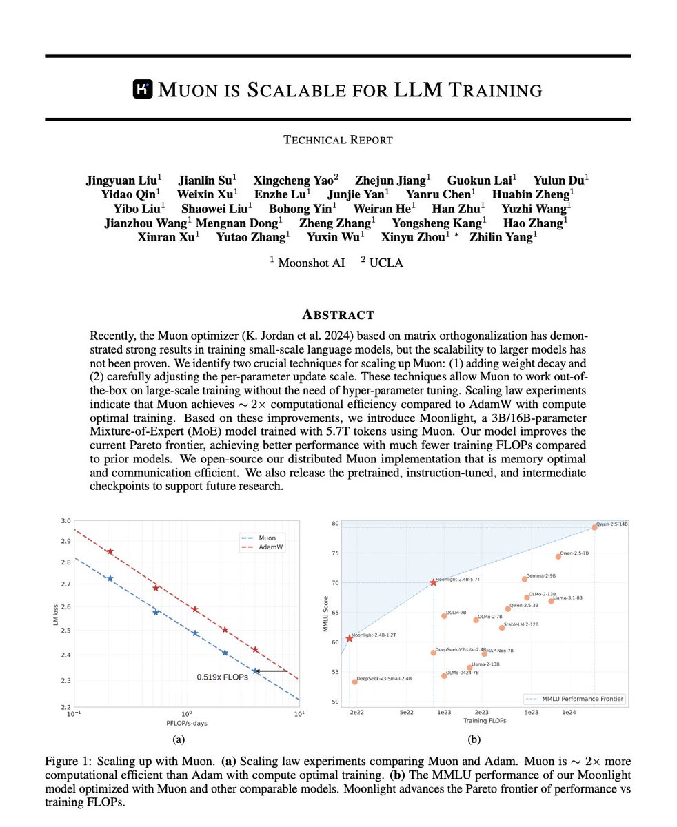HowToPrompt__'s tweet photo. Chinese researchers proved AI labs are wasting half their compute..

Kimi open-sourced a optimizer that trains LLMs with only 52% of the FLOPs AdamW needs.

For years, the entire AI industry has relied on one algorithm to train models: AdamW.

It is the default engine of the AI boom. OpenAI, Meta, Google, they all use it.

But Kimi exposed a massive inefficiency in how we build AI.

They built a new optimizer that trains Large Language Models using only 52% of the FLOPs that AdamW requires.

They are getting the exact same intelligence. For half the computational cost.

In an industry where compute is the ultimate currency, this is an earthquake.

GPU clusters that cost hundreds of millions of dollars effectively just doubled in capacity overnight. Training runs that took months will now take weeks.

The biggest moat in AI hasn't been data or talent. It has been the sheer, punishing cost of training.

Kimi just took a sledgehammer to that moat. And they made the blueprint free for everyone.

The bottleneck to scaling AI isn't silicon anymore. It's software.