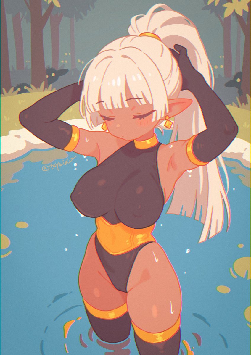 tayuido's tweet photo. 「湖でひと休み」 

 シャルナ
 #ダークエルフ #オリジナル https://t.co/1UJPDB3t3S