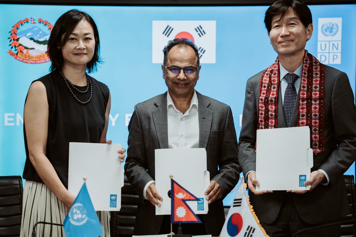 UNDPNepal's tweet photo. In response to the devastating August 2026 floods, the Government of the Republic of Korea and @UNDP have handed over specialized emergency response equipment to the National Disaster Risk Reduction & Management Authority (@NDRRMA_Nepal), to bolster ongoing recovery efforts.

The assistance—comprising camera-equipped drones and portable 3KVA backup power generators—will support emergency operations, strengthen response capacities, and help restore essential services in the hardest-hit communities.

Reaffirming this partnership, Ambassador-designate Mr. Park Jae-kyung and UNDP Resident Representative Kyoko Yokosuka highlighted their shared commitment to translating international solidarity into immediate, practical capacity on the ground, while investing in Nepal's long-term disaster preparedness and climate resilience.

Read more: https://t.co/knHBMvf2y2