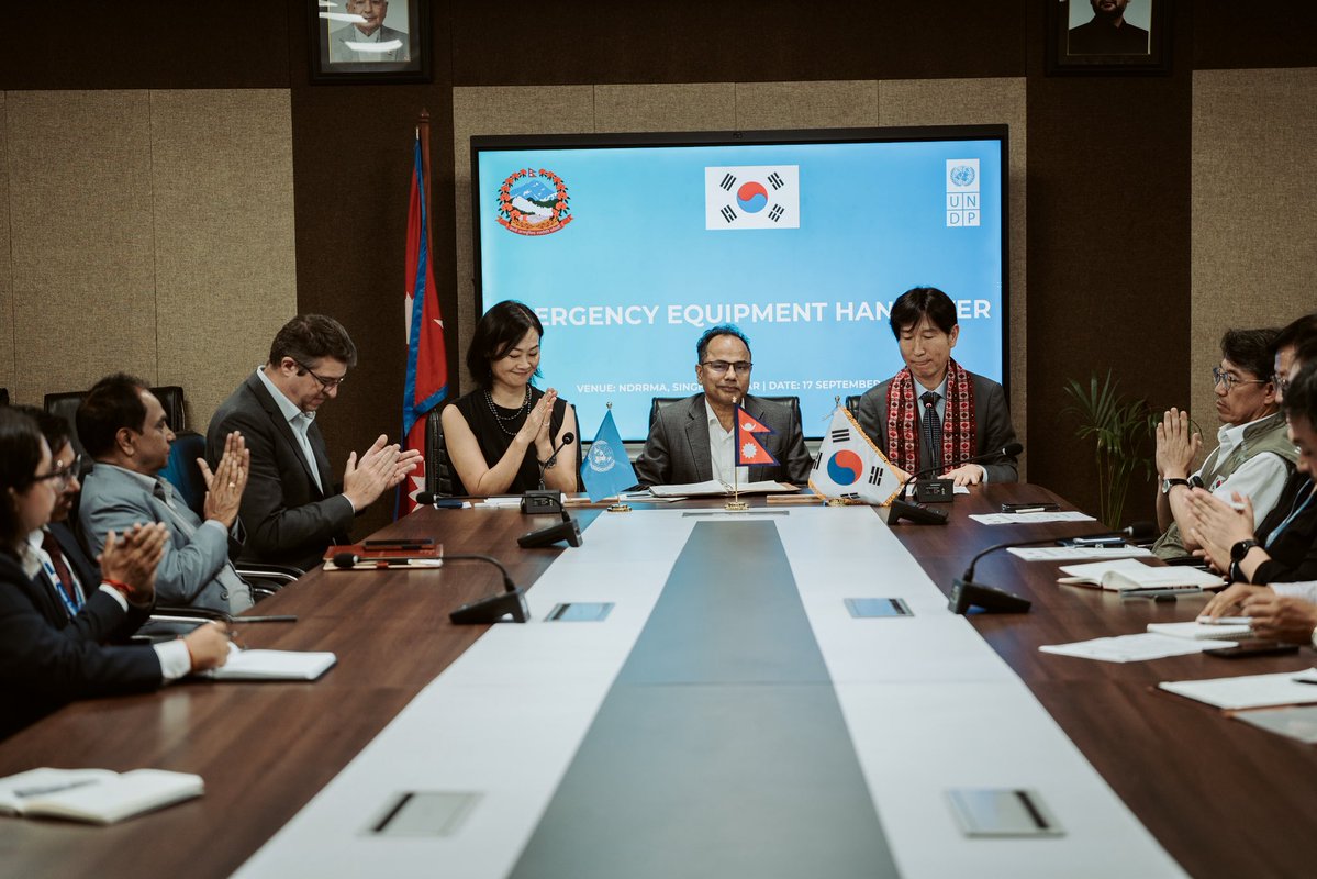 UNDPNepal's tweet photo. In response to the devastating August 2026 floods, the Government of the Republic of Korea and @UNDP have handed over specialized emergency response equipment to the National Disaster Risk Reduction & Management Authority (@NDRRMA_Nepal), to bolster ongoing recovery efforts.

The assistance—comprising camera-equipped drones and portable 3KVA backup power generators—will support emergency operations, strengthen response capacities, and help restore essential services in the hardest-hit communities.

Reaffirming this partnership, Ambassador-designate Mr. Park Jae-kyung and UNDP Resident Representative Kyoko Yokosuka highlighted their shared commitment to translating international solidarity into immediate, practical capacity on the ground, while investing in Nepal's long-term disaster preparedness and climate resilience.

Read more: https://t.co/knHBMvf2y2
