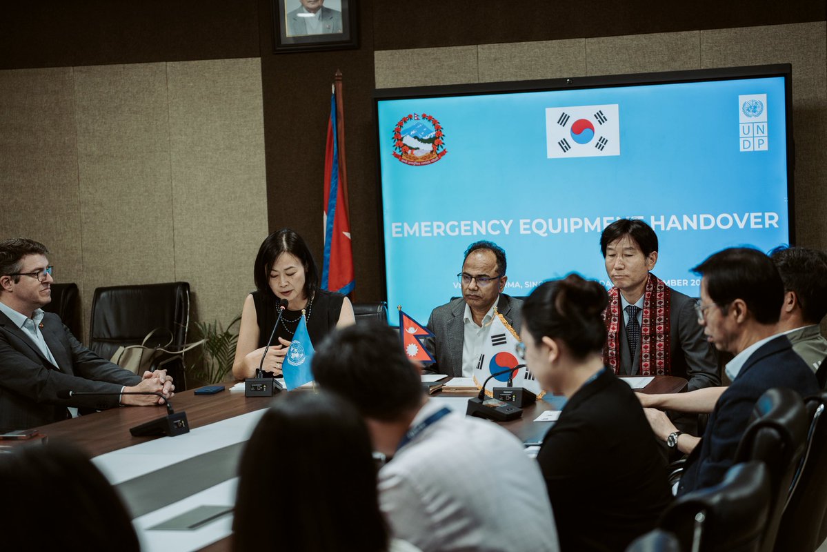 UNDPNepal's tweet photo. In response to the devastating August 2026 floods, the Government of the Republic of Korea and @UNDP have handed over specialized emergency response equipment to the National Disaster Risk Reduction & Management Authority (@NDRRMA_Nepal), to bolster ongoing recovery efforts.

The assistance—comprising camera-equipped drones and portable 3KVA backup power generators—will support emergency operations, strengthen response capacities, and help restore essential services in the hardest-hit communities.

Reaffirming this partnership, Ambassador-designate Mr. Park Jae-kyung and UNDP Resident Representative Kyoko Yokosuka highlighted their shared commitment to translating international solidarity into immediate, practical capacity on the ground, while investing in Nepal's long-term disaster preparedness and climate resilience.

Read more: https://t.co/knHBMvf2y2